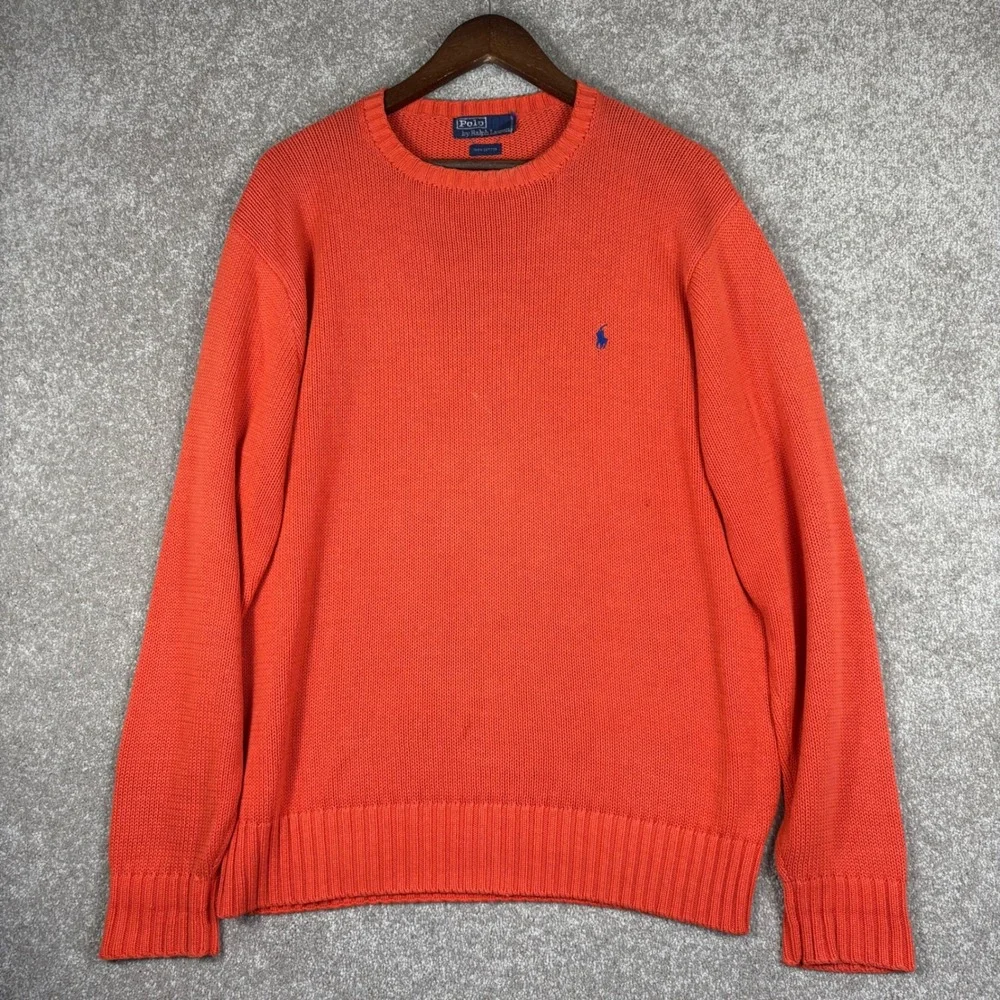 Polo Ralph Lauren Mens Orange Cotton Shaker Knit Crewneck Sweater Large